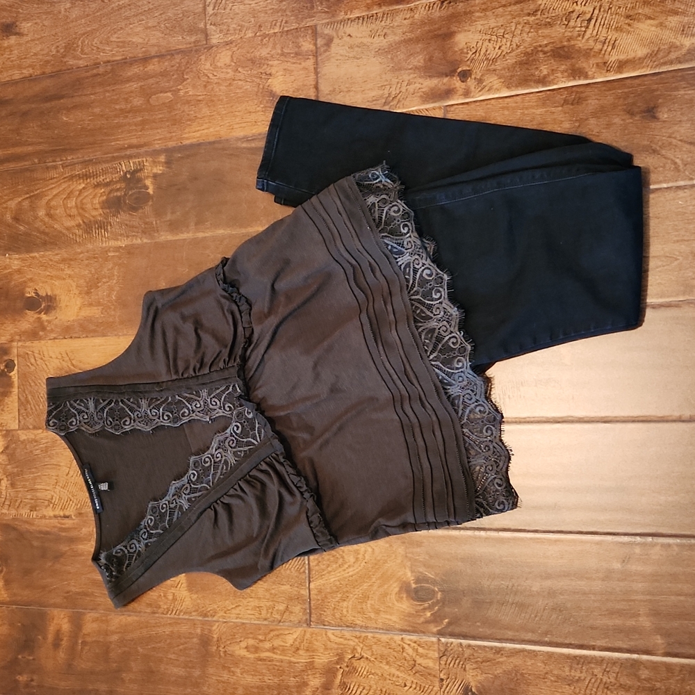 White House Black Market Brown Lace Trim Blouse